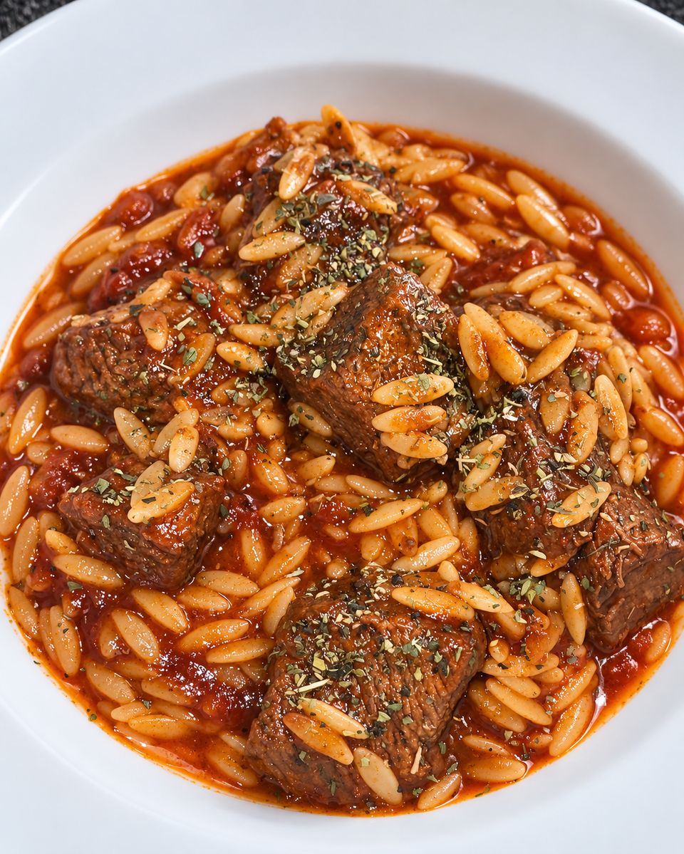 Kokkinisto mit Kritharaki – griechisches Schmorfleisch in Tomatensauce